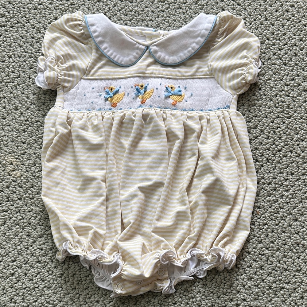 Smockingbird yellow stripe duck smocked romper